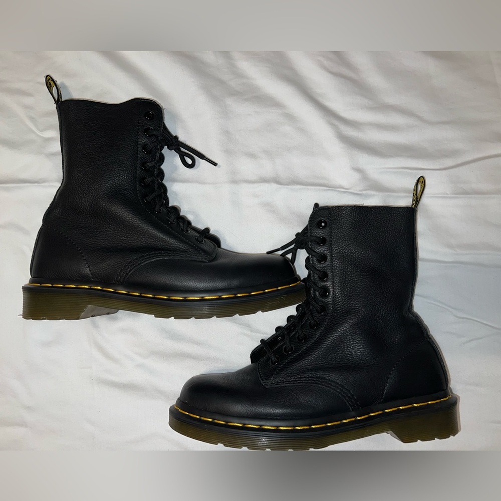 Black Lace-Up Combat Boots with Yellow Stitching